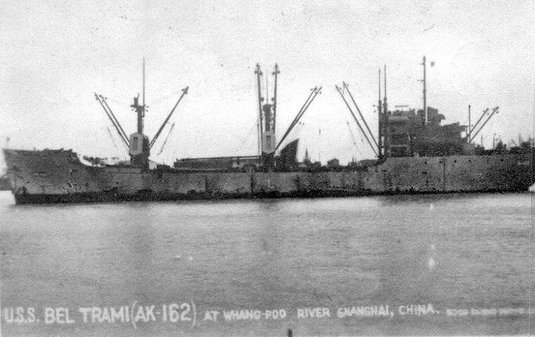 USS Beltram AK 162 at anchor on the Whangpoo River off Shanghai China circa 18 November 1945 to 26 January 1946